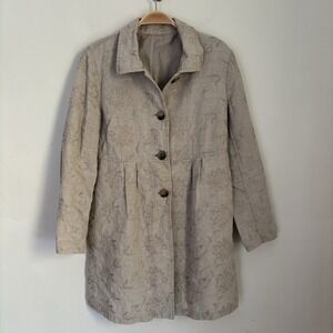 J Jill Coat Jacket 100% Linen Button Front Floral Embroidered Coastal S Tan
